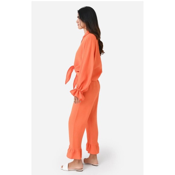 Sleeper Rumba Linen Lounge Suit Bright Orange Long Sleeve Matching Set Large - Picture 3 of 16